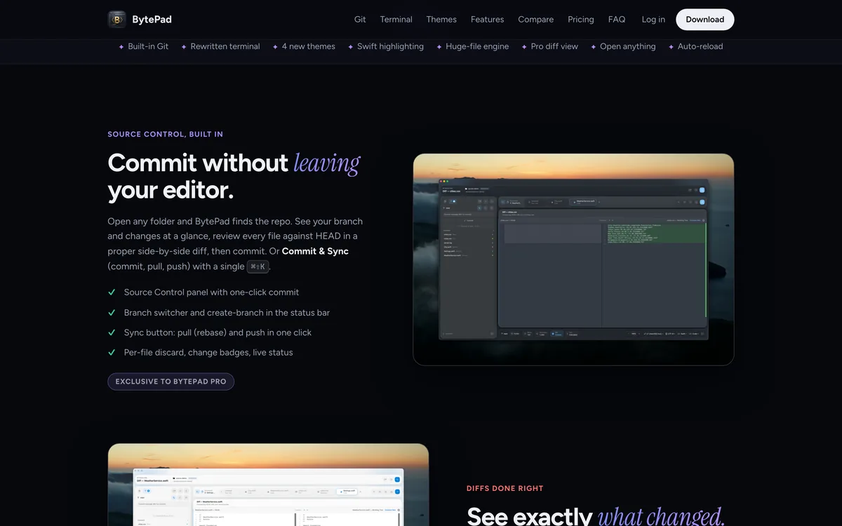 The BytePad source control panel, reviewing changes in a side by side diff before committing