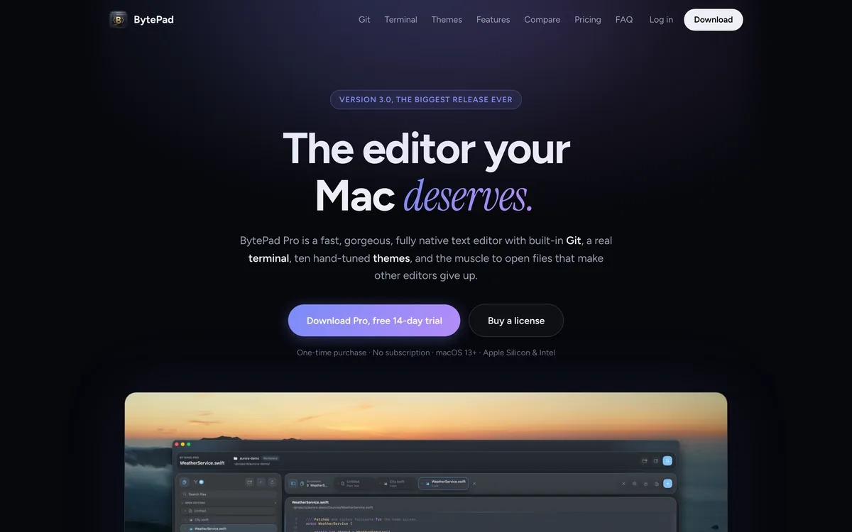 
        BytePad is my fully native macOS text editor, with built in Git, a real terminal, ten themes, and the muscle to open the huge files that make other editors give up.
      