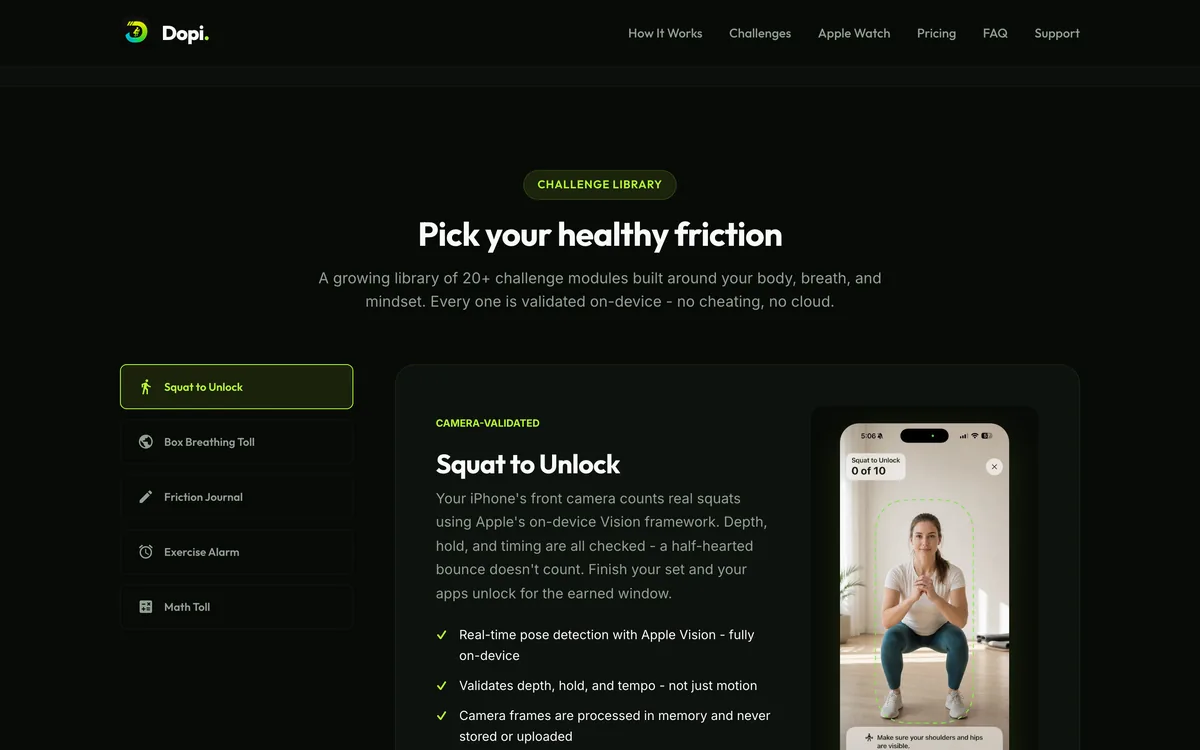 The Dopi challenge library, with the camera validated Squat to Unlock module open