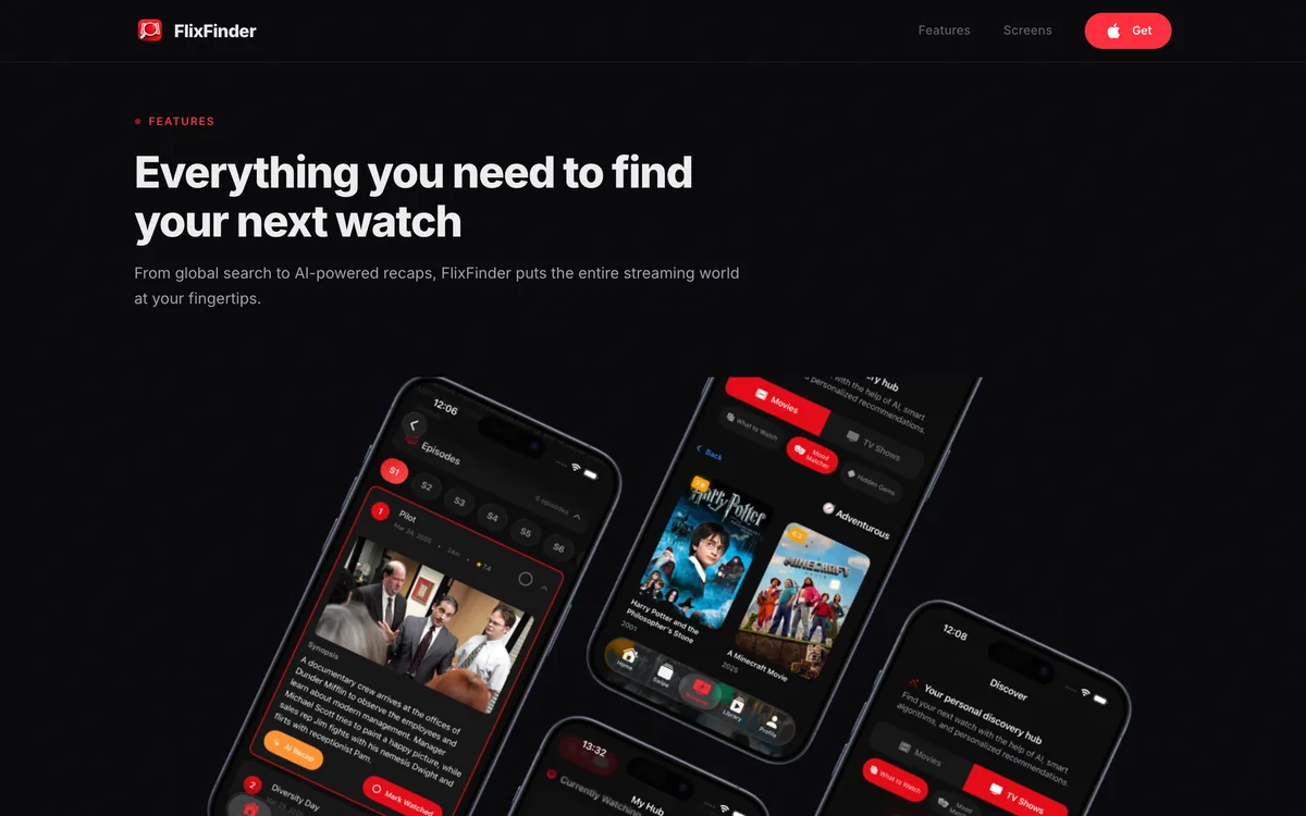 The FlixFinder features screen, showing search, recaps and personal discovery