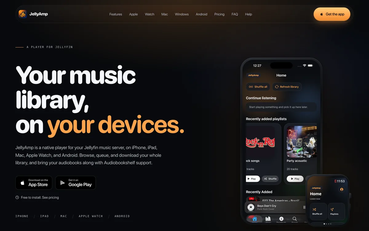 
        JellyAmp is my native player for your Jellyfin music server, on iPhone, iPad, Mac, Apple Watch and Android, with offline downloads, CarPlay and audiobooks.
      