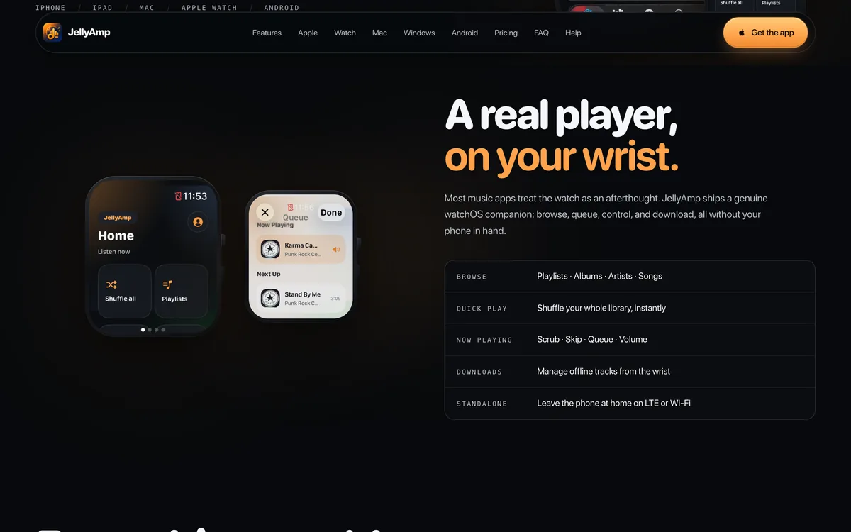 The JellyAmp companion app on Apple Watch, browsing and controlling playback from the wrist