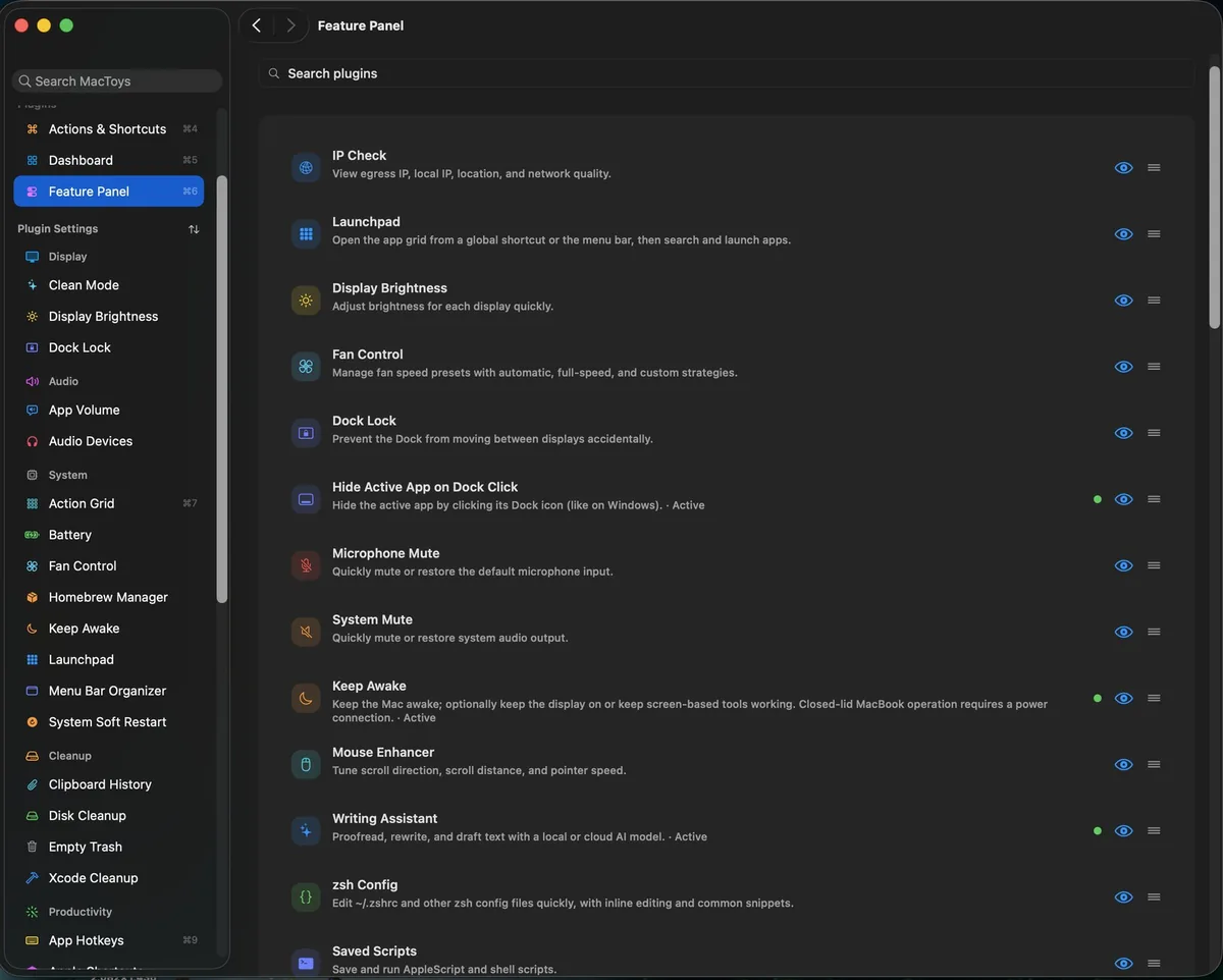 
          MacToys puts more than 50 native Mac utilities behind one menu bar icon, from screenshots and clipboard history to battery health, audio switching and a menu bar organiser.
        
