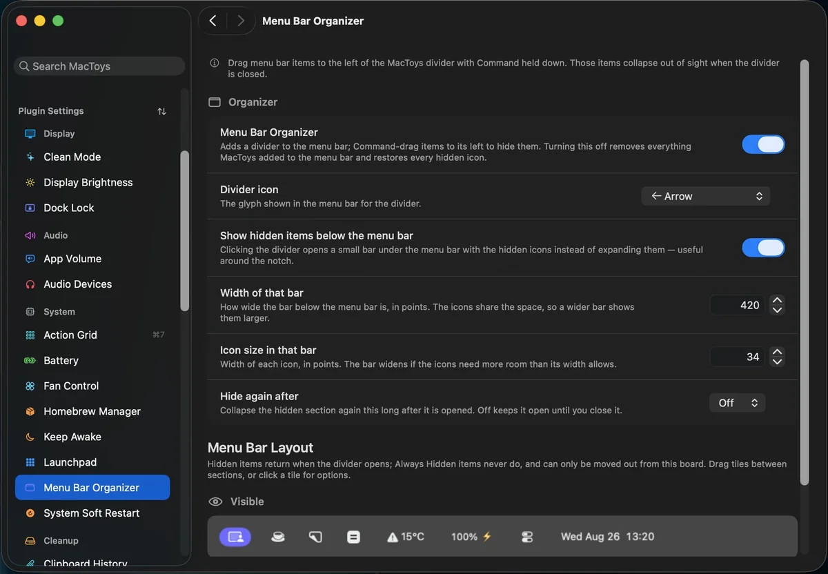 MacToys menu bar organiser settings with hidden items and layout controls