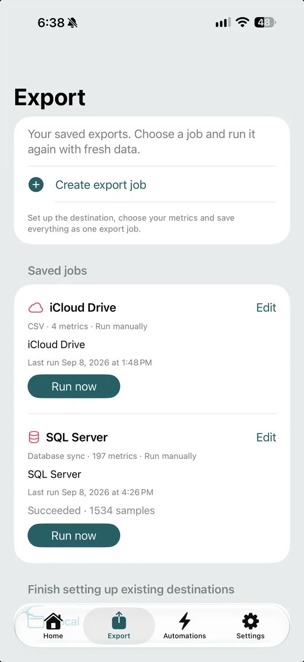 SyncFit on iPhone showing saved Apple Health export jobs for iCloud Drive and SQL Server