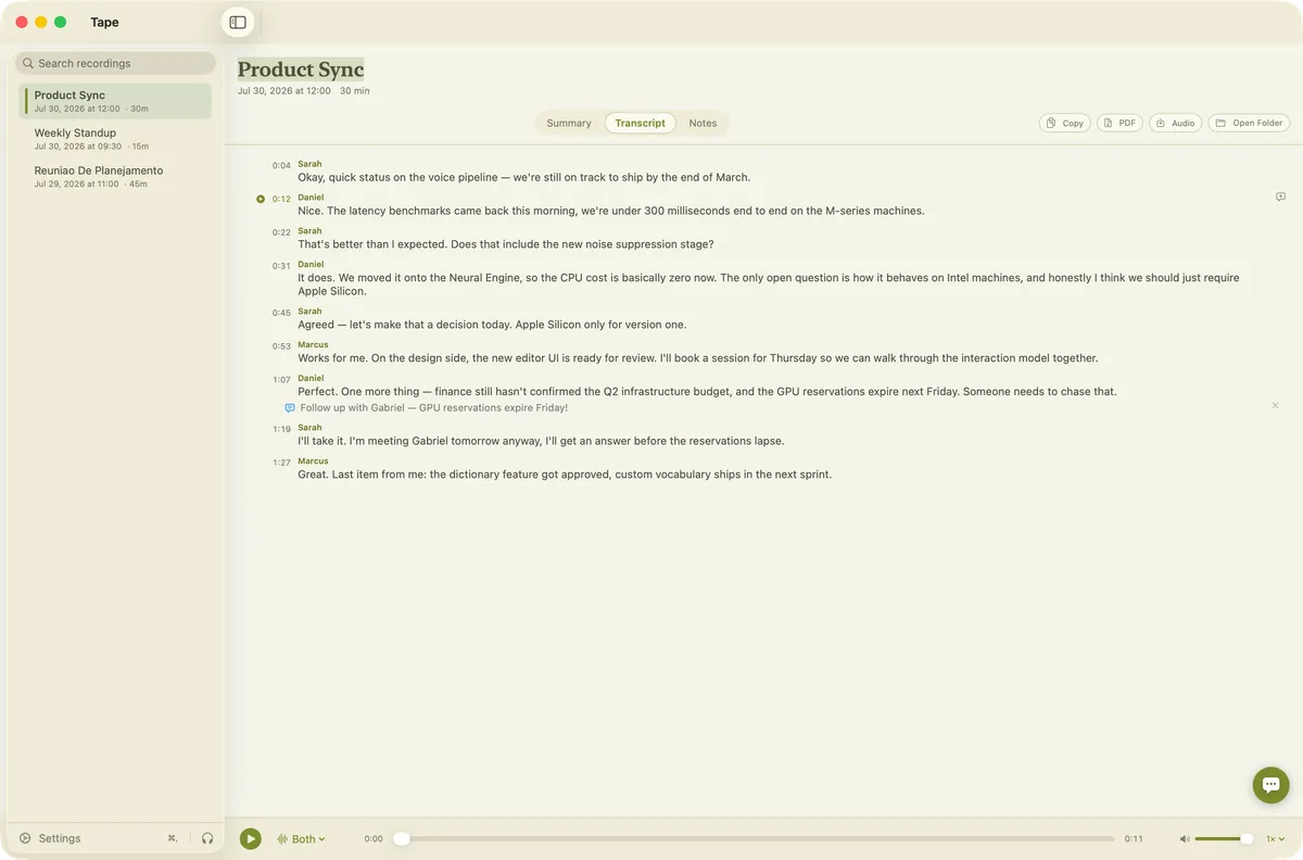 Tape&rsquo;s speaker-separated transcript with timestamps, an anchored note, audio playback and export controls