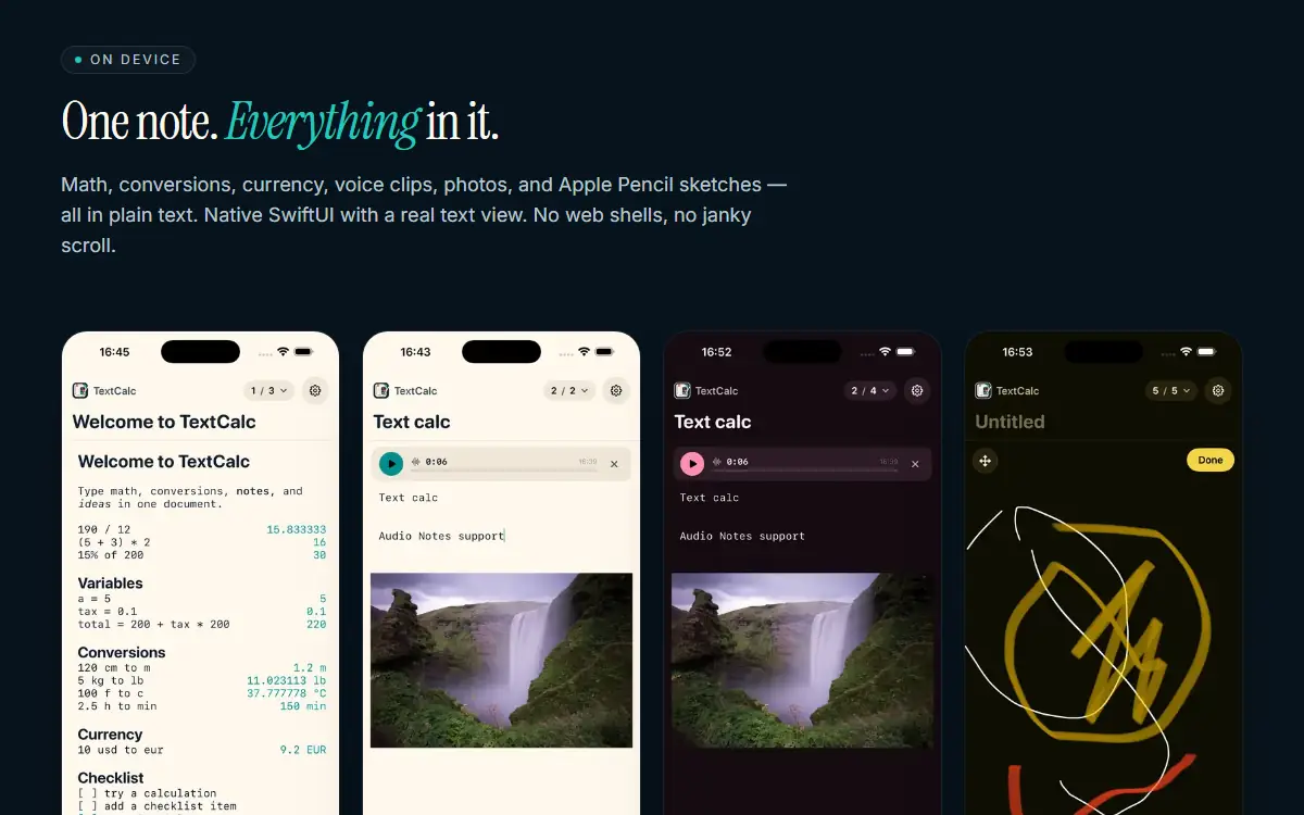 The TextCalc showcase: one note holding maths, voice clips, photos and an Apple Pencil sketch, shown in the light and dark themes